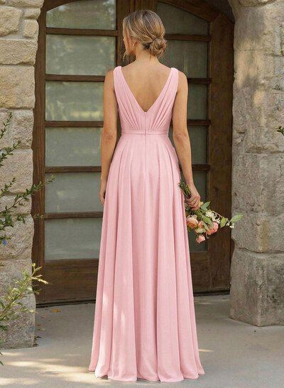 A-Line Plunge Neck Sleeveless Floor-Length Chiffon Bridesmaid Dresses