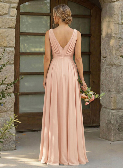 A-Line Plunge Neck Sleeveless Floor-Length Chiffon Bridesmaid Dresses