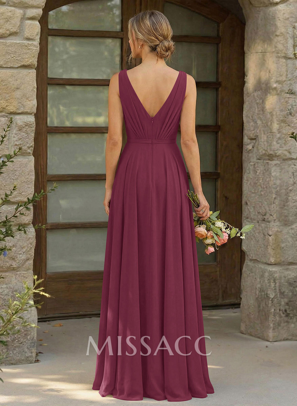 A-Line Plunge Neck Sleeveless Floor-Length Chiffon Bridesmaid Dresses A-Line Plunge Neck Sleeveless Floor-Length Chiffon Bridesmaid Dresses