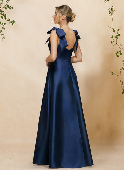 A-Line V-Neck Sleeveless Floor-Length Satin Bridesmaid Dresses With Bow(s)