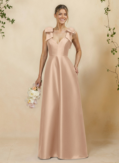 A-Line V-Neck Sleeveless Floor-Length Satin Bridesmaid Dresses With Bow(s)