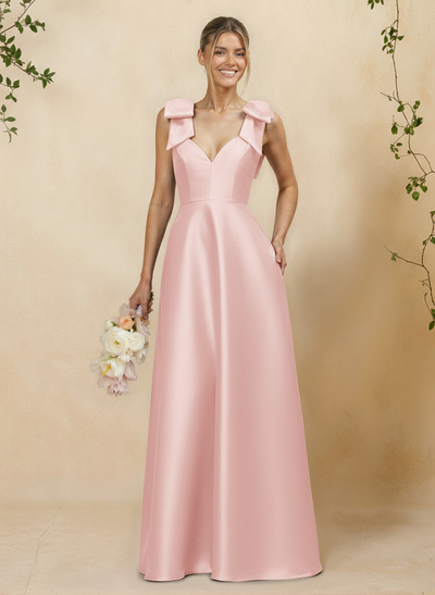 A-Line V-Neck Sleeveless Floor-Length Satin Bridesmaid Dresses With Bow(s)