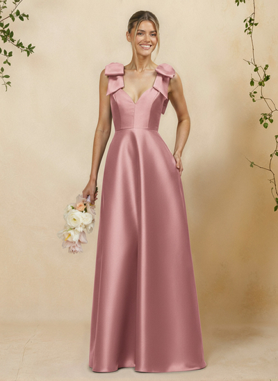 A-Line V-Neck Sleeveless Floor-Length Satin Bridesmaid Dresses With Bow(s)