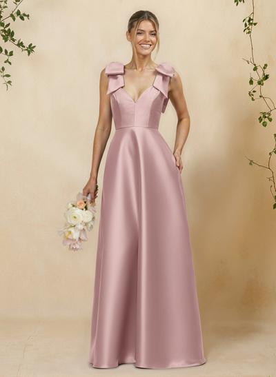 A-Line V-Neck Sleeveless Floor-Length Satin Bridesmaid Dresses With Bow(s)