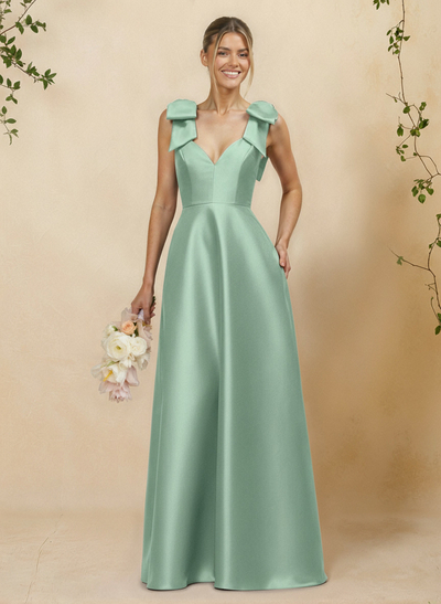A-Line V-Neck Sleeveless Floor-Length Satin Bridesmaid Dresses With Bow(s)