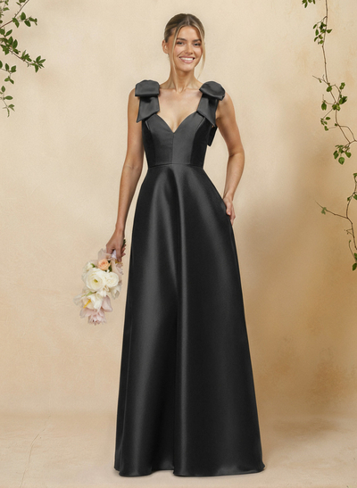 A-Line V-Neck Sleeveless Floor-Length Satin Bridesmaid Dresses With Bow(s)