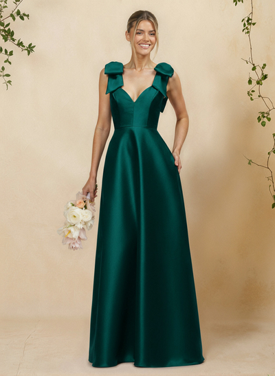 A-Line V-Neck Sleeveless Floor-Length Satin Bridesmaid Dresses With Bow(s)