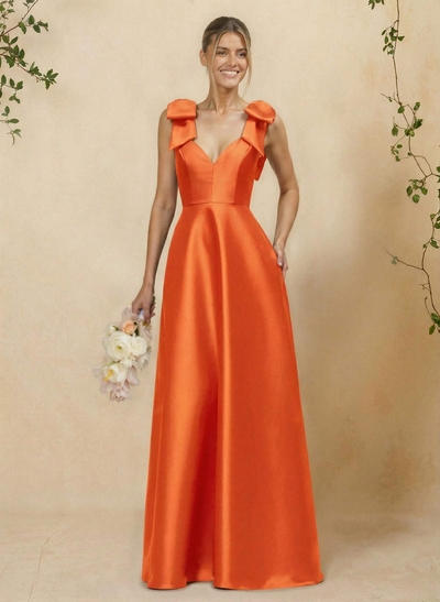A-Line V-Neck Sleeveless Floor-Length Satin Bridesmaid Dresses With Bow(s)