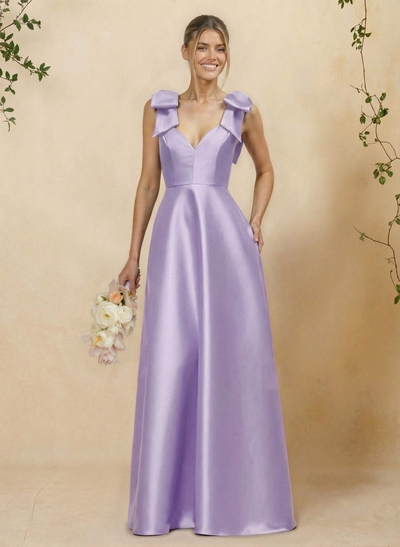 A-Line V-Neck Sleeveless Floor-Length Satin Bridesmaid Dresses With Bow(s)