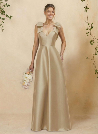 A-Line V-Neck Sleeveless Floor-Length Satin Bridesmaid Dresses With Bow(s)