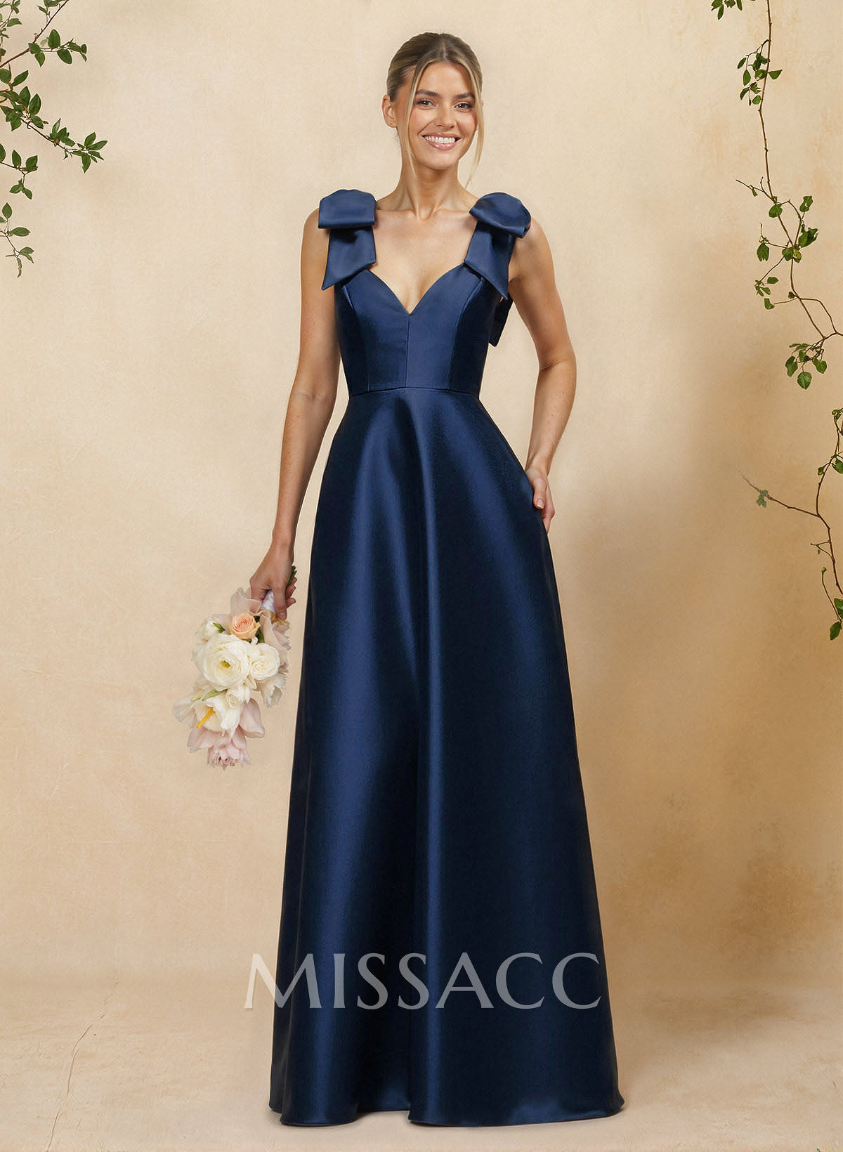 A-Line V-Neck Sleeveless Floor-Length Satin Bridesmaid Dresses With Bow(s) A-Line V-Neck Sleeveless Floor-Length Satin Bridesmaid Dresses With Bow(s)
