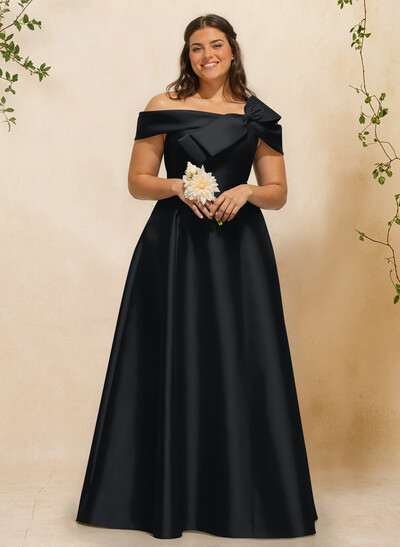 A-Line Off-The-Shoulder Sleeveless Floor-Length Satin Bridesmaid Dresses With Bow(s)