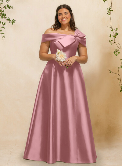 A-Line Off-The-Shoulder Sleeveless Floor-Length Satin Bridesmaid Dresses With Bow(s)