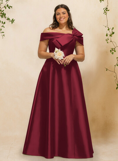 A-Line Off-The-Shoulder Sleeveless Floor-Length Satin Bridesmaid Dresses With Bow(s)