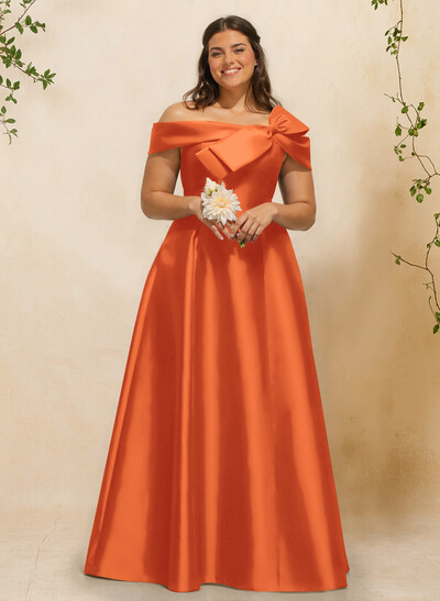 A-Line Off-The-Shoulder Sleeveless Floor-Length Satin Bridesmaid Dresses With Bow(s)