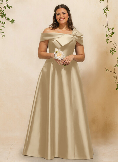 A-Line Off-The-Shoulder Sleeveless Floor-Length Satin Bridesmaid Dresses With Bow(s)