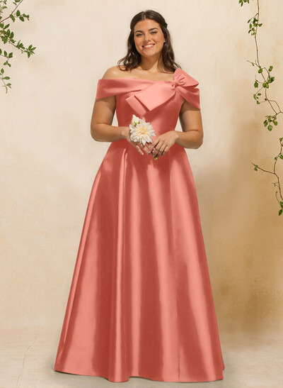 A-Line Off-The-Shoulder Sleeveless Floor-Length Satin Bridesmaid Dresses With Bow(s)