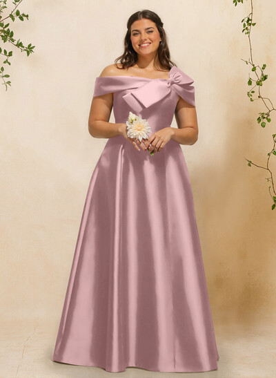 A-Line Off-The-Shoulder Sleeveless Floor-Length Satin Bridesmaid Dresses With Bow(s)
