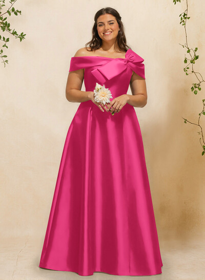 A-Line Off-The-Shoulder Sleeveless Floor-Length Satin Bridesmaid Dresses With Bow(s)