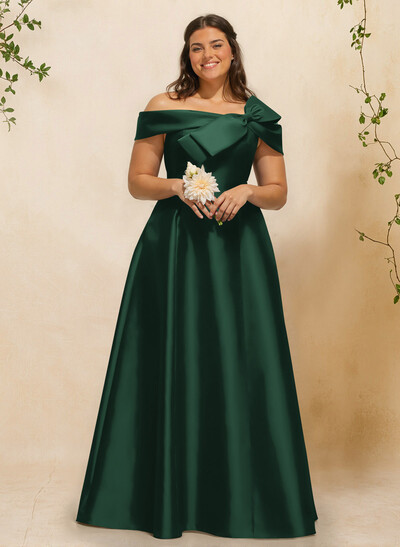 A-Line Off-The-Shoulder Sleeveless Floor-Length Satin Bridesmaid Dresses With Bow(s)