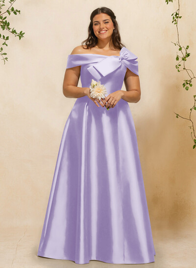 A-Line Off-The-Shoulder Sleeveless Floor-Length Satin Bridesmaid Dresses With Bow(s)