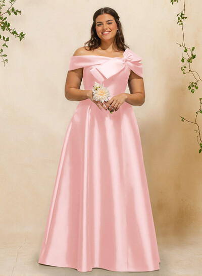A-Line Off-The-Shoulder Sleeveless Floor-Length Satin Bridesmaid Dresses With Bow(s)