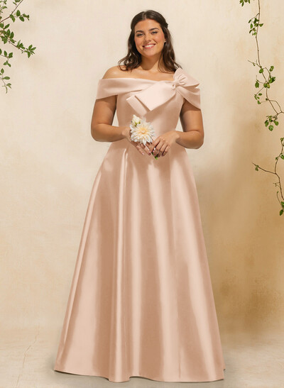 A-Line Off-The-Shoulder Sleeveless Floor-Length Satin Bridesmaid Dresses With Bow(s)