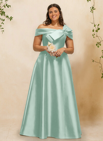 A-Line Off-The-Shoulder Sleeveless Floor-Length Satin Bridesmaid Dresses With Bow(s)