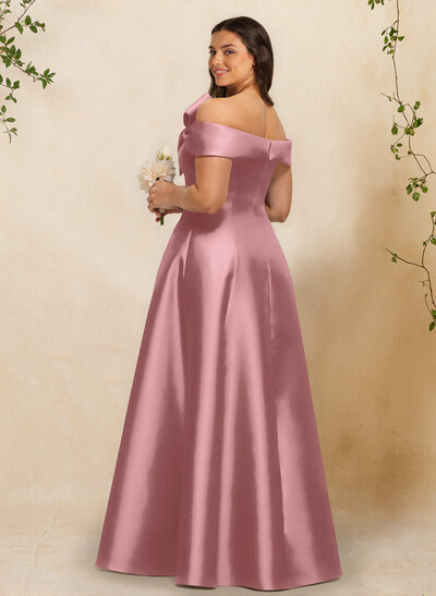 A-Line Off-The-Shoulder Sleeveless Floor-Length Satin Bridesmaid Dresses With Bow(s)