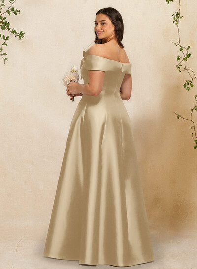 A-Line Off-The-Shoulder Sleeveless Floor-Length Satin Bridesmaid Dresses With Bow(s)