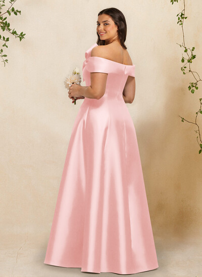 A-Line Off-The-Shoulder Sleeveless Floor-Length Satin Bridesmaid Dresses With Bow(s)