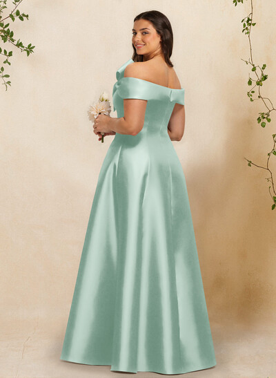 A-Line Off-The-Shoulder Sleeveless Floor-Length Satin Bridesmaid Dresses With Bow(s)