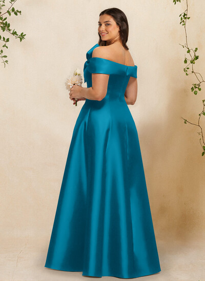 A-Line Off-The-Shoulder Sleeveless Floor-Length Satin Bridesmaid Dresses With Bow(s)