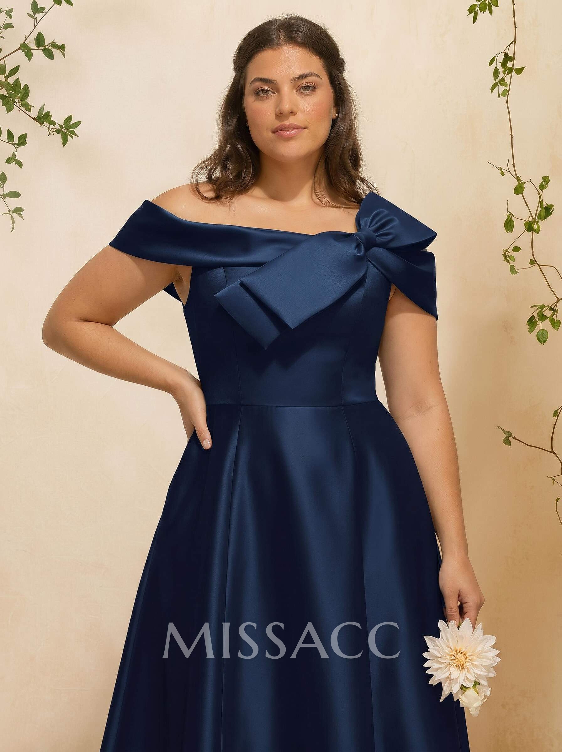 A-Line Off-The-Shoulder Sleeveless Floor-Length Satin Bridesmaid Dresses With Bow(s) A-Line Off-The-Shoulder Sleeveless Floor-Length Satin Bridesmaid Dresses With Bow(s)