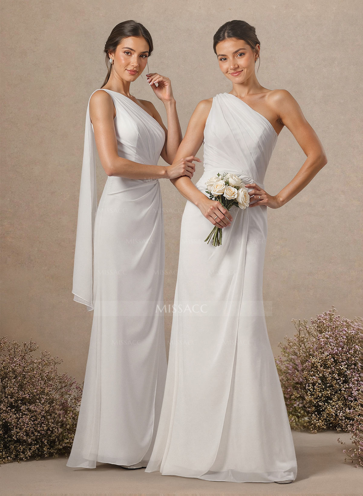 Sheath/Column One-Shoulder Sleeveless Floor-Length Chiffon Bridesmaid Dresses