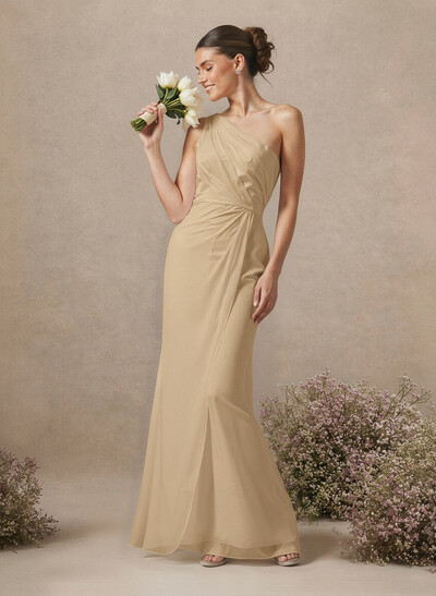 Sheath/Column One-Shoulder Sleeveless Floor-Length Chiffon Bridesmaid Dresses