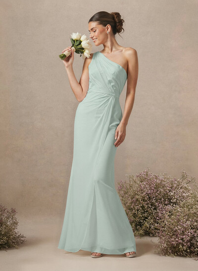 Sheath/Column One-Shoulder Sleeveless Floor-Length Chiffon Bridesmaid Dresses