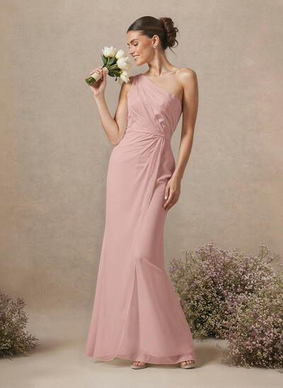 Sheath/Column One-Shoulder Sleeveless Floor-Length Chiffon Bridesmaid Dresses