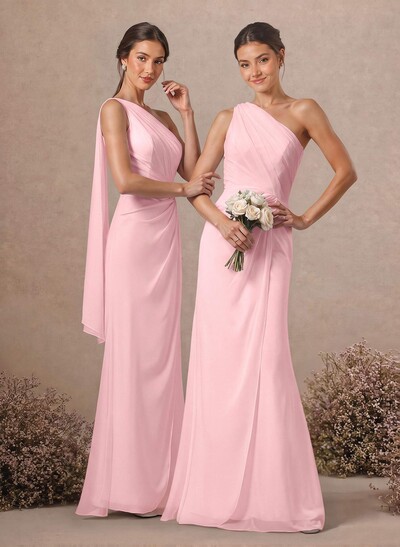 Sheath/Column One-Shoulder Sleeveless Floor-Length Chiffon Bridesmaid Dresses