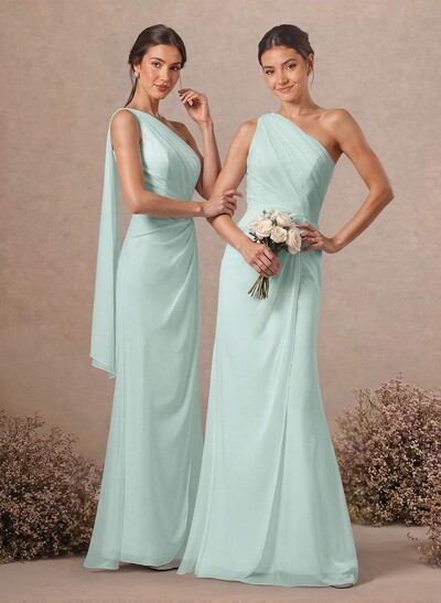 Sheath/Column One-Shoulder Sleeveless Floor-Length Chiffon Bridesmaid Dresses