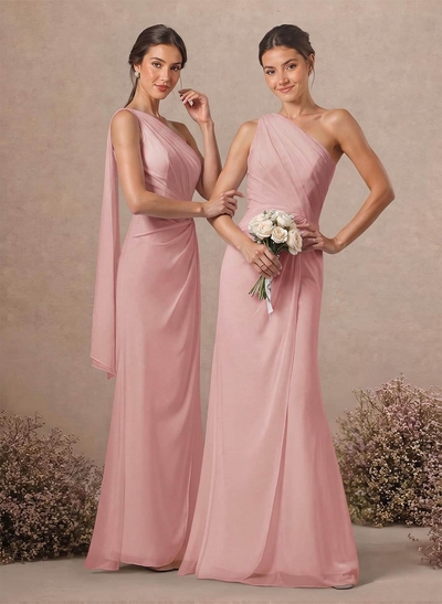 Sheath/Column One-Shoulder Sleeveless Floor-Length Chiffon Bridesmaid Dresses