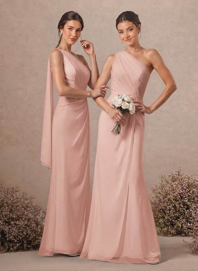 Sheath/Column One-Shoulder Sleeveless Floor-Length Chiffon Bridesmaid Dresses