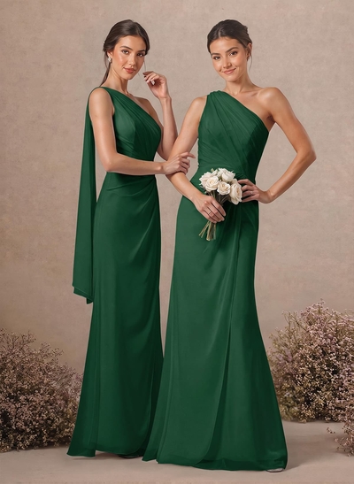 Sheath/Column One-Shoulder Sleeveless Floor-Length Chiffon Bridesmaid Dresses