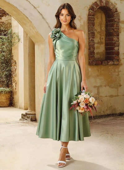 A-Line One-Shoulder Sleeveless Tea-Length Satin Bridesmaid Dresses With Flower(s)