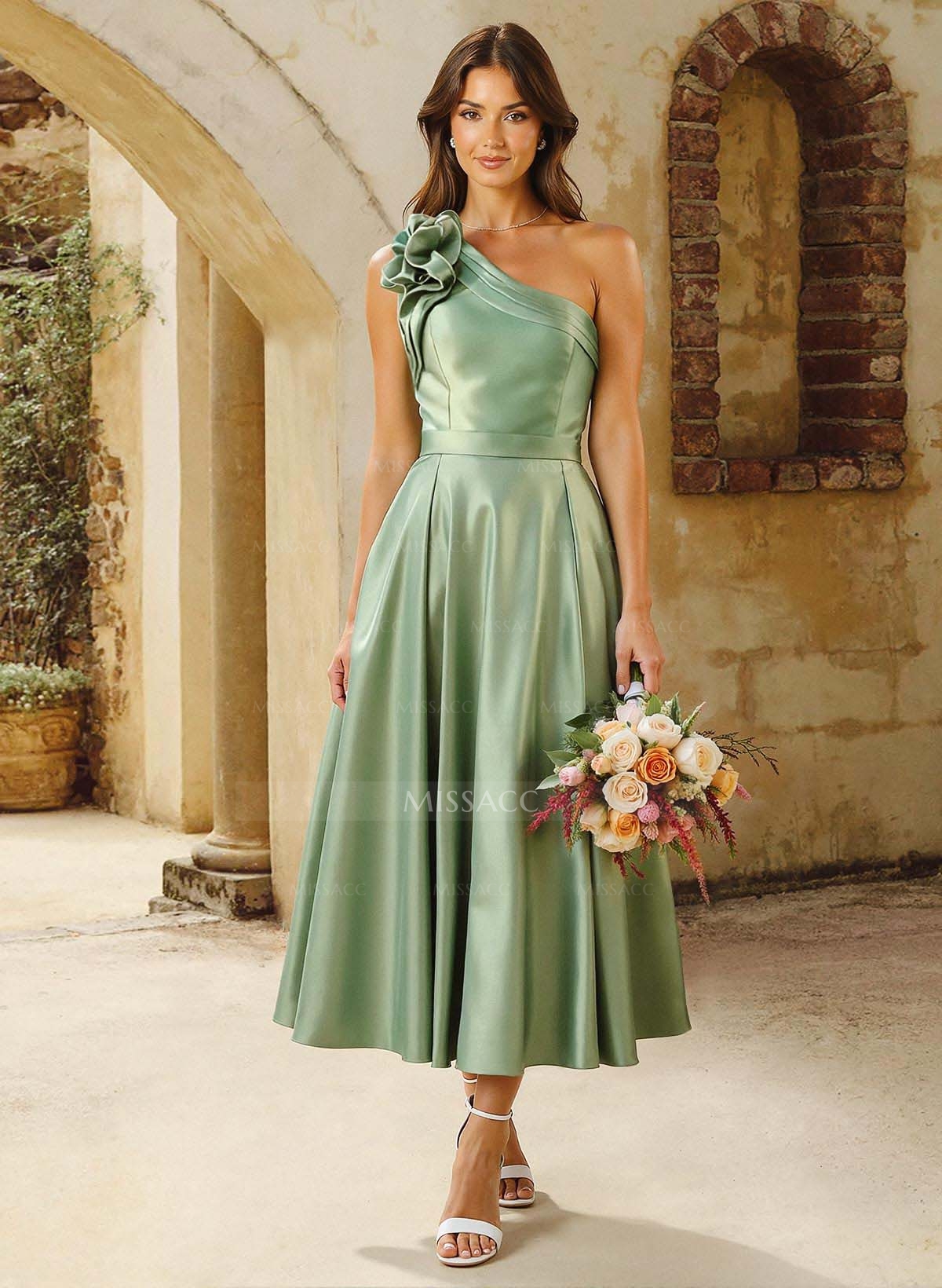 A-Line One-Shoulder Sleeveless Tea-Length Satin Bridesmaid Dresses With Flower(s)