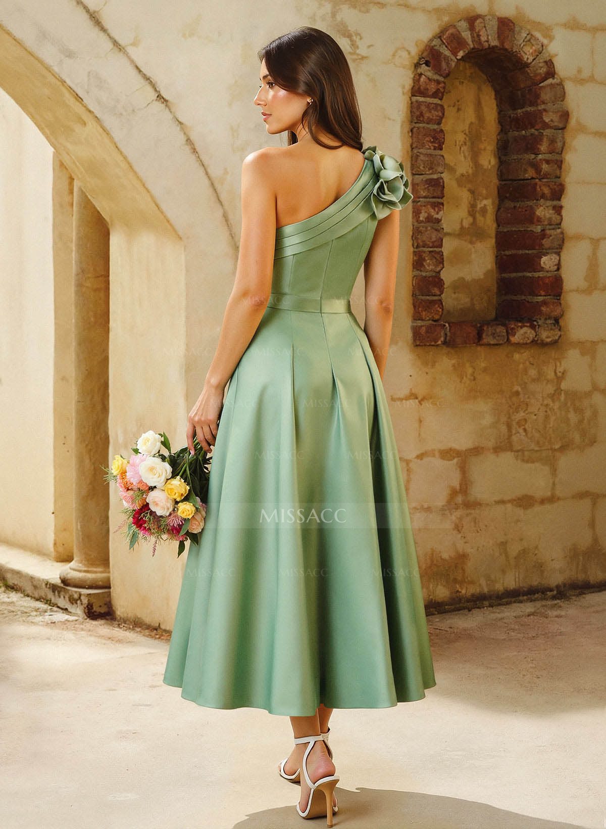 A-Line One-Shoulder Sleeveless Tea-Length Satin Bridesmaid Dresses With Flower(s)