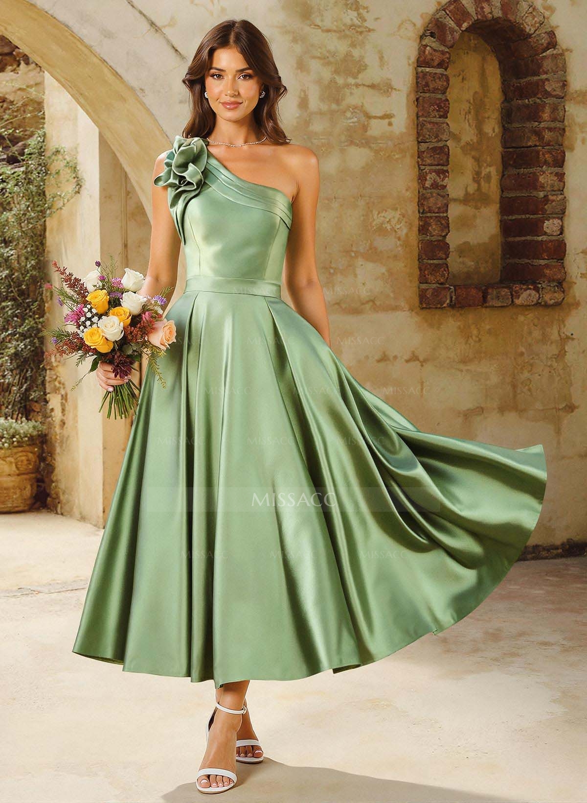 A-Line One-Shoulder Sleeveless Tea-Length Satin Bridesmaid Dresses With Flower(s)
