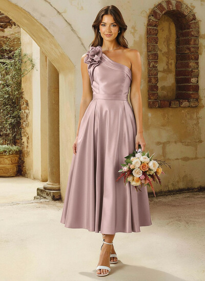 A-Line One-Shoulder Sleeveless Tea-Length Satin Bridesmaid Dresses With Flower(s)