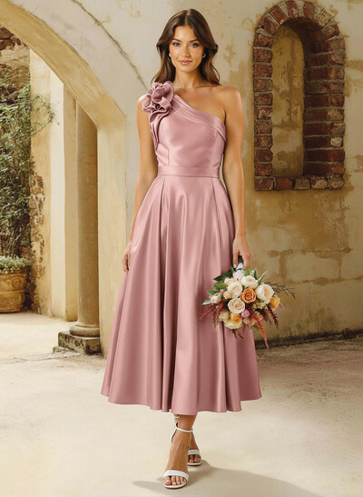 A-Line One-Shoulder Sleeveless Tea-Length Satin Bridesmaid Dresses With Flower(s)
