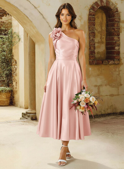 A-Line One-Shoulder Sleeveless Tea-Length Satin Bridesmaid Dresses With Flower(s)